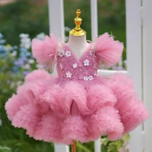 Dreamy Vow Adorable Pink Girl Dress Puff Sleeved Tulle Embellished Kids Birthday Party Spring Summer Knee Length Ball Gown J356