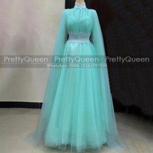 Customized Beaded High Neck Mother of the Bride Dresses A Line Long Sleeves Tulle Arabic kaftan Women Prom Dress Party