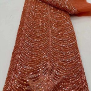 Handmade Gold Beaded Lace Fabric with Sequence Evening Dresses Luxury 2023 White Pearl And Crystal Fabric Lace For Sewing KB2818