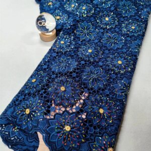 Navy Blue African Lace Fabric Embroidered Dubai 2025 Luxury Beaded Lace Fabric Wedding 5 Yards Big Diamond Nigerian Lace W649-1