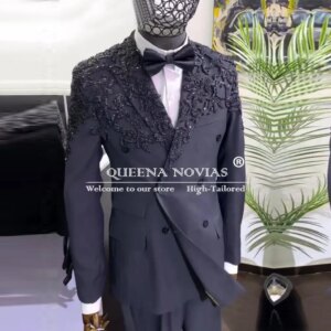 Navy Blue Crystals Beaded Groom Wedding Suits Customized Double Breasted Prom Blazers Formal Party Men Tuxedos traje de hombre