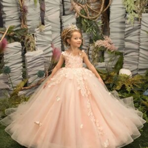 Pink Lace Flower Girl Dresses Princess Sheer Neck 3D Butterfly Flowers Girls Pageant Gowns Kids Toddler Communion Birthday Dress