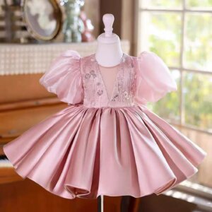 Dreamy Vow Graceful Scoop Neck Sequined Satin Flower Baby Girl Dress with Bow for Kids Wedding Birthday Party Ball Gown J827