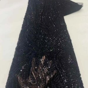 Luxury Hand Beaded Lace Fabric Bridal Fabric High-end Wedding Fabrics French Nigerian Sequins Beads Embroidered on Tulle 5 Yards