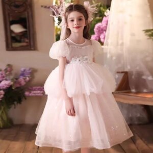 Jill Wish Elegant Pink Flower Girl Dress Crystal Beaded Princess Kids Arab Wedding Birthday Performance Party Prom Gown J522