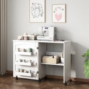 Folding Sewing Craft CartSewing Cabinet Miscellaneous Sewing Kit Art Desk with Storage Shelves and Lockable CastersWhite