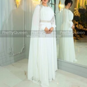 Customized A Line Mother of the Bride Dresses Beaded Cloack Shawl Long  Sleeves Plus Size White Chiffon Arabic Prom Dress