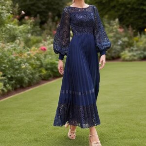 Classic Navy Blue Lace Ankle Length Wedding Party Gowns Long Sleeves Mother Gowns Bateau Neck Mother of the Bride Dress