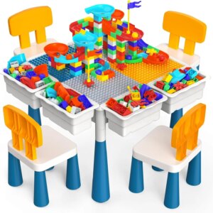 Toddlers Activity Table 7 in 1 Kids Activity Tables and 4 Chairs with 152Pcs Large Marble Run Building Blocks, Sand/Water Tables