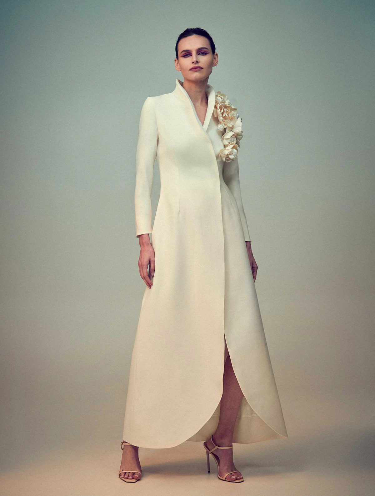 Modern Tailered 1 Piece Long Blazer Women Suit Dress Illusion Button Stand-up Collar 3-D Flower Business Office Women Customized