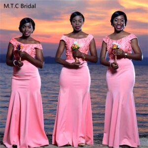 Lovely Pink Mermaid 2024 Bridesmaid Dresses Off The Shoulder Lace Satin Wedding Guest Gowns Custom Made Vestido De Festa