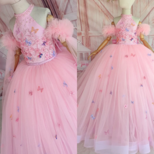 Blush Pink Floral Girls Birthday Party Dresses Butterfly Princess Flower Girl Dresses Kids Prom Gowns Customized
