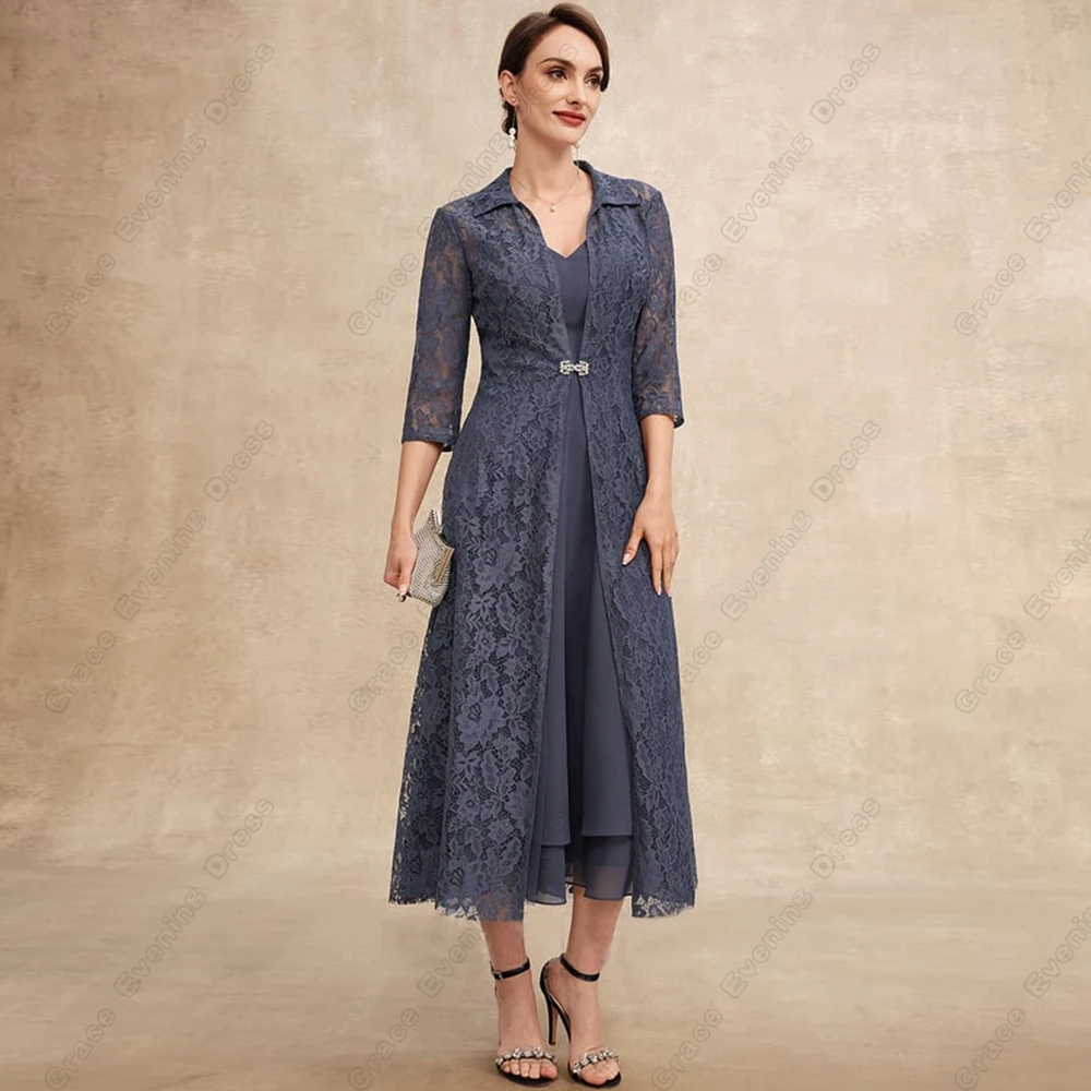 Customized Modern Three Quarter Mother of Bride Dresses for Women Tea Length Wedding Party Dresses with Lace 2025 Robe De Soirée