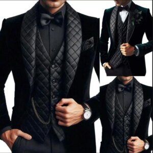 Men’s Solid Black Velvet Jacket Cotton Plaid Shawl Lapel Groom Tuxedos Suits 3 Pieces (Jacket Vest Pants) Ropa Hombre Customized