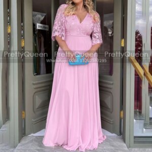 Pink Sheer Lace A Line Mother of the Bride Dresses With 1/2 Half Sleeves V Neck Plus Size Customized Long Wedding Party Dress