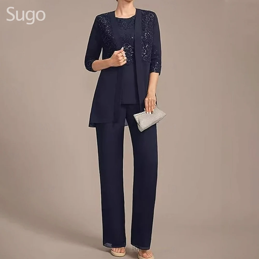 Customized Elegant Long Pantsuits Mother of the Bride Dresses Chiffon O-Neck Ankle-Length Wedding Guest Party Groom Dress 2025