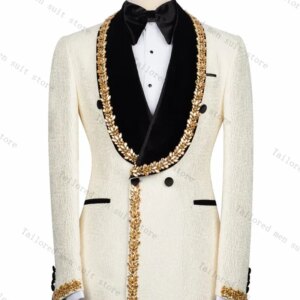 Jacquard Men Suits Pants Set 2 Pcs Crystals White Blazer+Black Trousers Velvet Lapel Wedding Tuxedos Prom Jacket Formal Coat