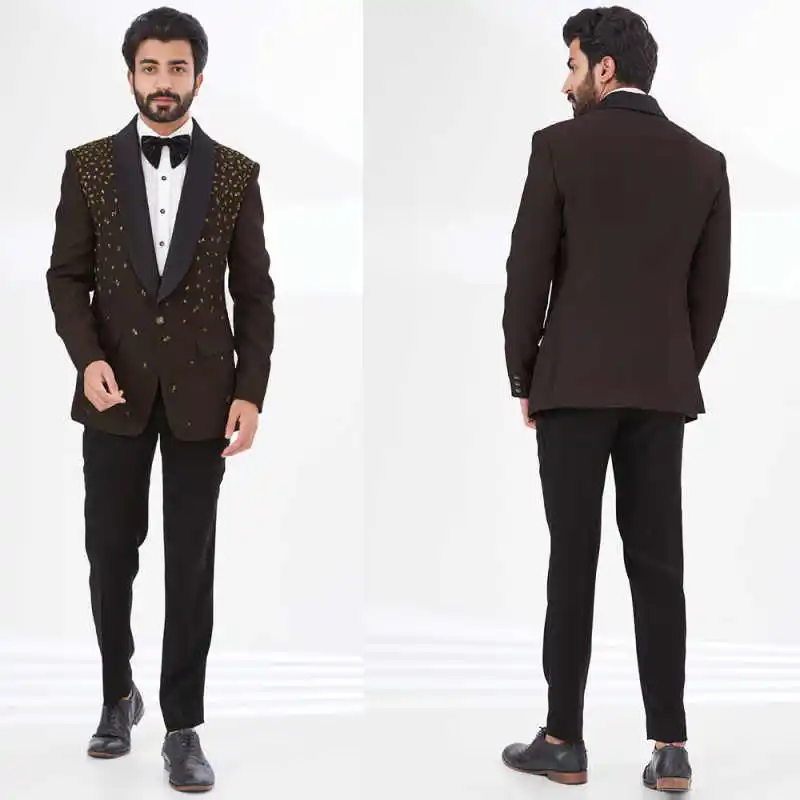 Modern Rhinestone Men's Suit Shawl Lapel Single Breasted Tuxedos For Wedding Groom Wear Prom 2 Pcs Blazer Pants Customized