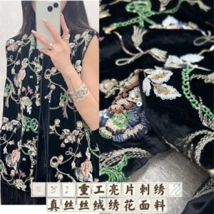 Heavy sequin embroidery silk velvet fabric width 130cm cheongsam dress set