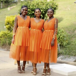 Wholesale Orange Bridesmaid Dresses Long Sleeves A Line Appliques Tulle Tea Length Black Women Wedding Party Gowns Customized