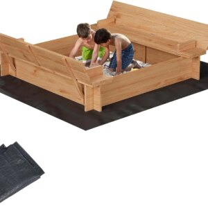 Kids Wood Sandbox with Cover, Spacious Outdoor Play Area with 2 Bench Seats for Ages 3-8, Sand Boxes for Backyard Garden, Sand P