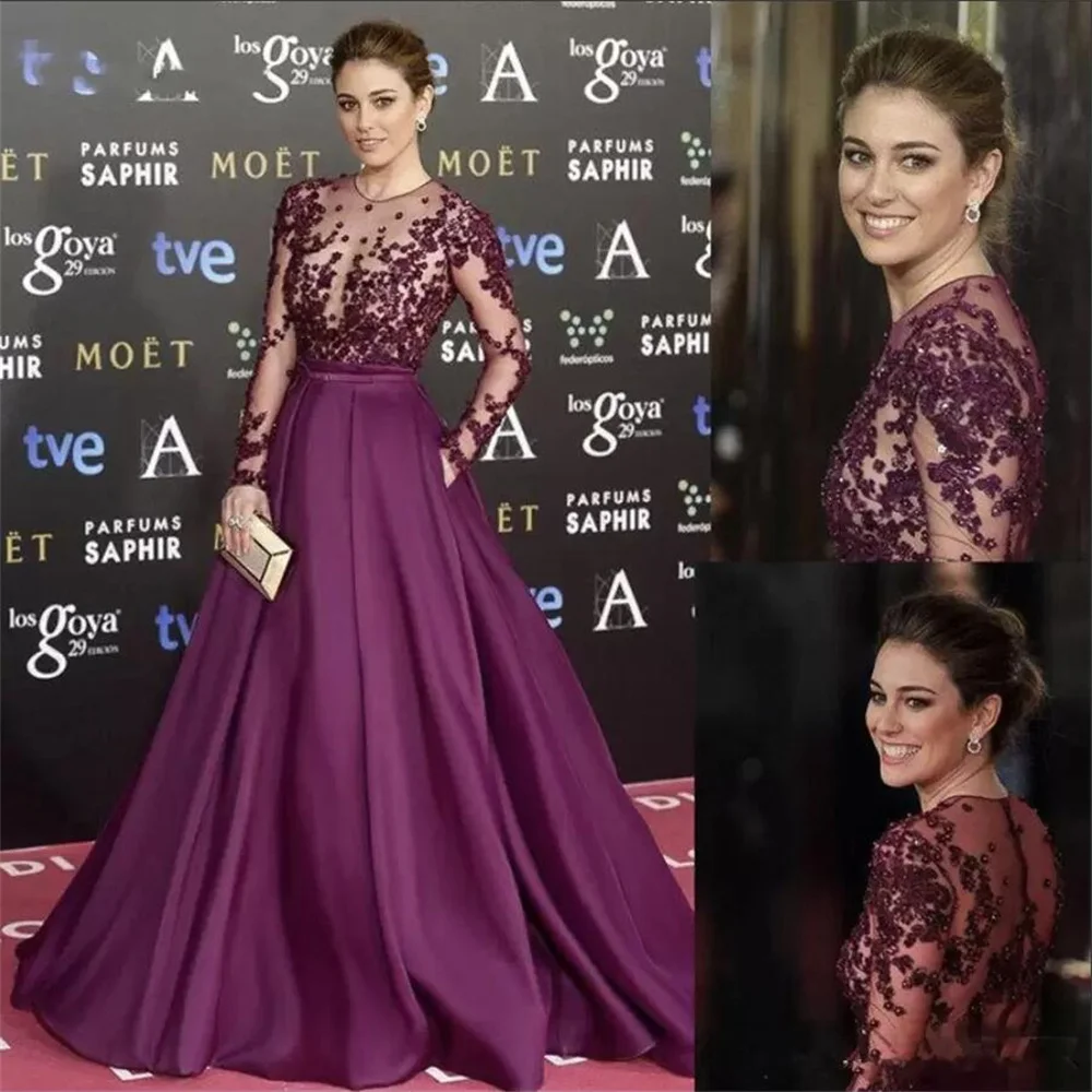 Customized Purple Mother of the Bride Evening Gown Long Sleeve Appliqué Beaded Pocket Elegant Formal Occasion Floor Length Gown