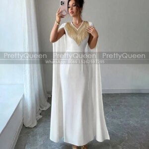 Customized Cloak Mother of the Bride Dresses With Gold Tassel V Neck White Sheath Long Prom Dress Party Ankle Length