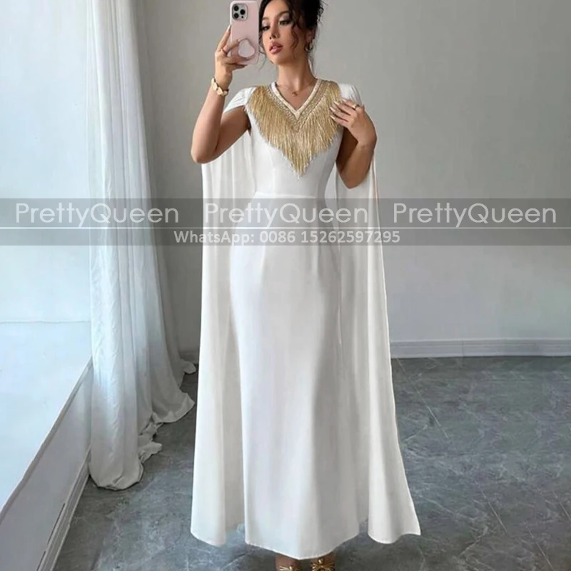 Customized Cloak Mother of the Bride Dresses With Gold Tassel V Neck White Sheath Long Prom Dress Party Ankle Length