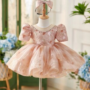 Light luxury elegant bubble sleeve rose print tulle pomace skirt baby dress, first birthday dress suitable for a variety of spec
