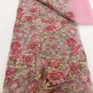 Pink African 3D Lace Fabric 2025 High Quality Luxury Handmade Beads Lace Fabric Bridal French Tulle Mesh Lace For Wedding A888-1