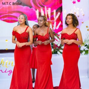 Red Mermaid Long Bridesmaid Dresses With Pearls Corset Back Floor Length Black Girls Wedding Party Gowns Custom Made