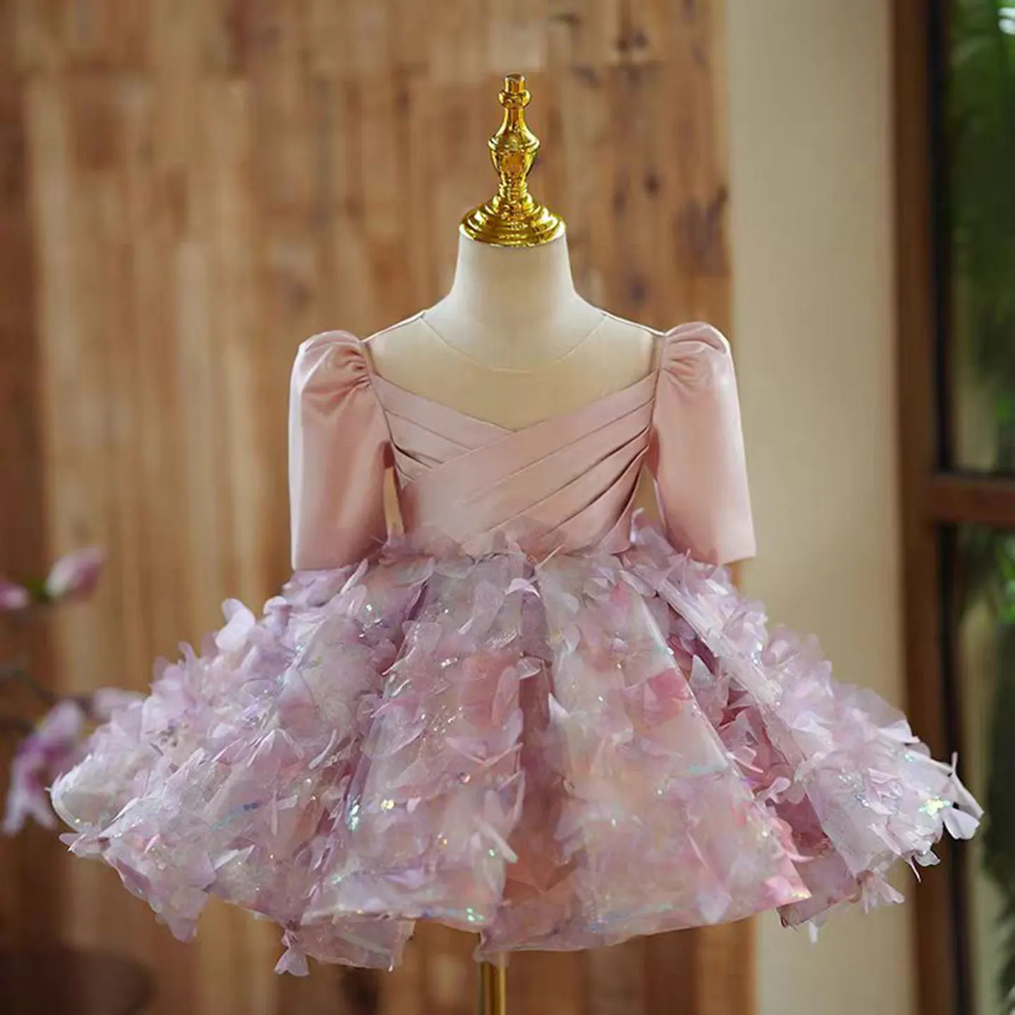 Dreamy Vow Beautiful Sequined Pink Girl Dress Half Sleeves Accented for Kids Event Spring Summer Knee Length Ball Gown J482