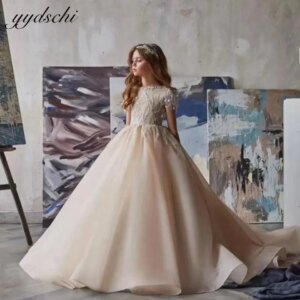 Customized Champagne Flower Girl Dresses For Weddings Tulle Appliques Sparkly Sequins Beaded Kids Pageant Gowns Birthday Dresses
