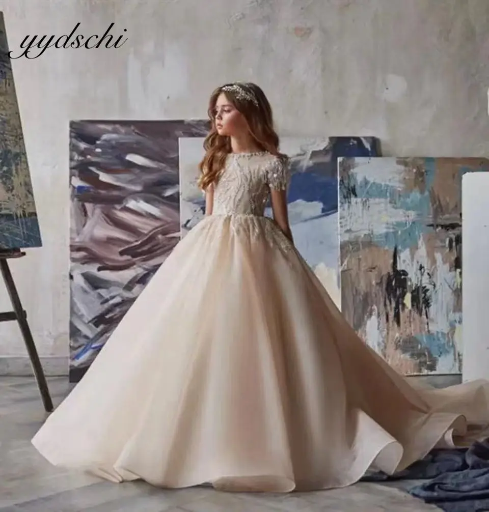 Customized Champagne Flower Girl Dresses For Weddings Tulle Appliques Sparkly Sequins Beaded Kids Pageant Gowns Birthday Dresses