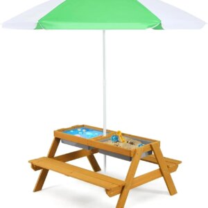 Kids Picnic Table, 4 in 1 Outdoor Toddler Sand Water Wooden Table and Chair Set with Removable Umbrella, Children Activity Furni