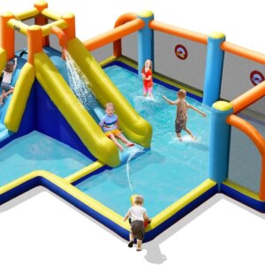 Inflatable Water Slide, 15×16.5FT Mega Water Soccer Waterslide Park for Outdoor Fun with Big Splash Pool, Climbing Wall, 7-in-1