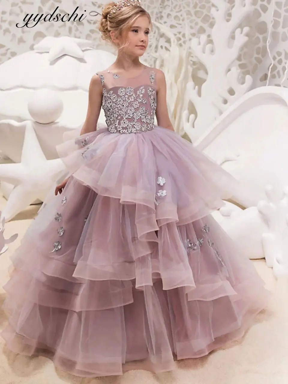Customized 2025 Tulle Appliques Flower Girls Dress Princess Ball Gown Birthday Party Girl Dresses Wedding First Communion Dress