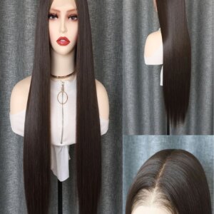 Extra Long Straight 13×6 Lace Front Human Hair Blend Heat Resistant Fiber Wigs Women Light Brown Free Part Hairstyle Soft