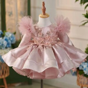 Jill Wish Pink Satin Knee Length Girl Dress Beades Long Sleeve Princess Children Birthday Wedding Party Pageant Ball Gown J311