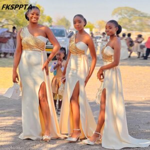 High Quality Mermaid 2025 Long Bridesmaid Dresses One Shoulder Side Split Sequined Satin Shiny Wedding Guest Gowns Dropshipping