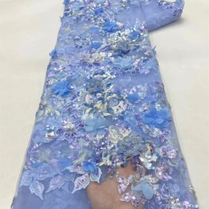 Latest African Sequins Lace Fabric 2024 High Quality Lace Embroidery Blue Mesh Fabric 5 Yards For Women Wedding Party Dress