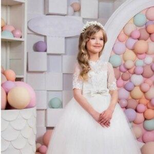 Birthday Party Banquet First Communion Gowns Flower Girl Dresses White Lace Appliques With Bow Half Sleeve For Wedding