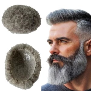 Malaysian Virgin Human Hair Hairpiece 4mm Afro 1b80 Grey Knotted PU Toupee 8×10 Skin Unit for Old Black Men