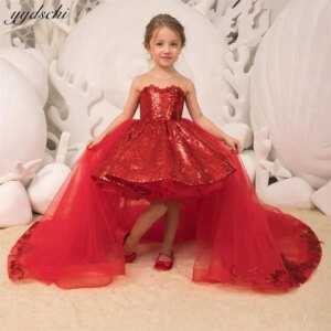 Customized Detachable Train Flower Girl Dresses For Wedding 2025 Princess Ball Gown Shiny Sequined Pageant First Communion Gowns