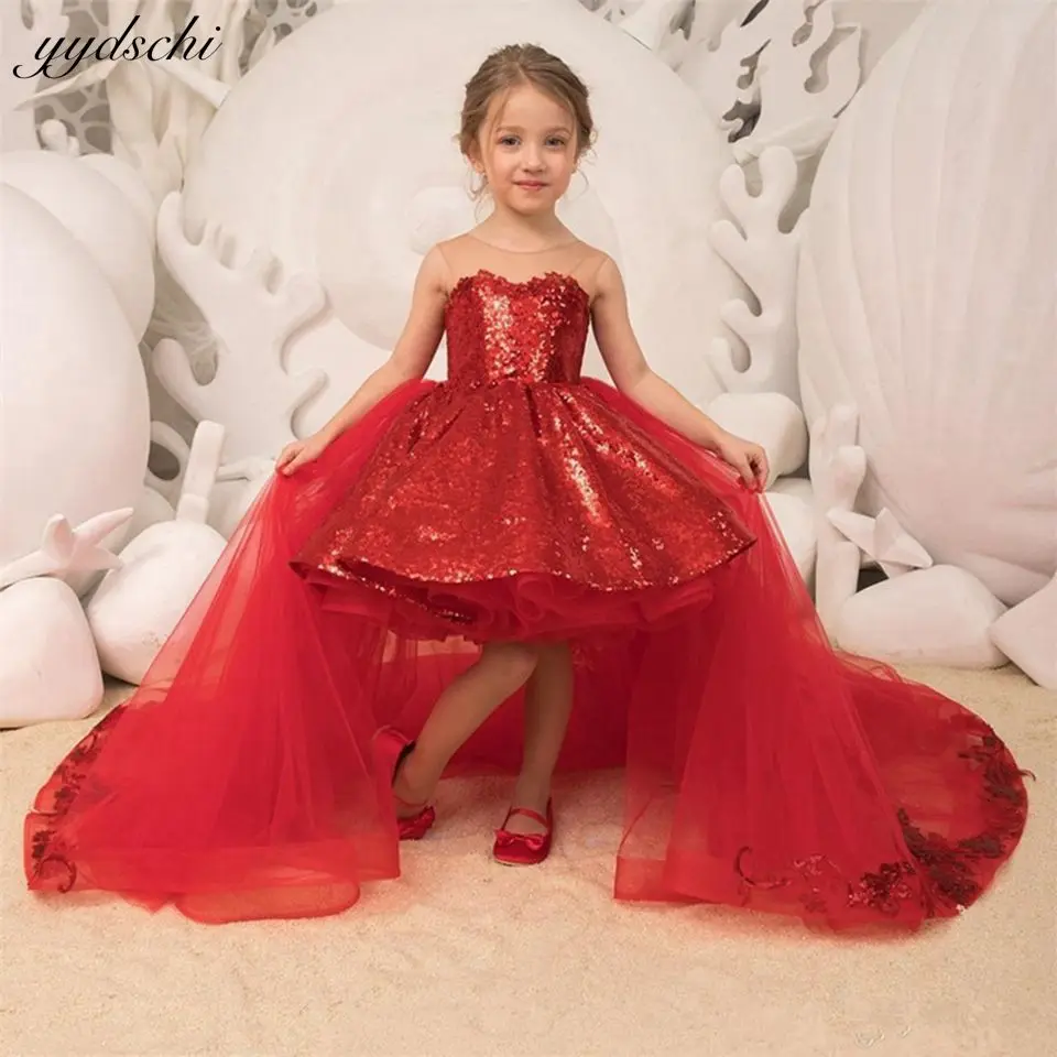 Customized Detachable Train Flower Girl Dresses For Wedding 2025 Princess Ball Gown Shiny Sequined Pageant First Communion Gowns