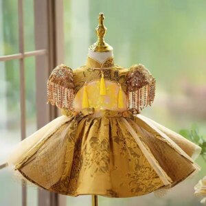 Jill Wish Luxury Gold Flower Girl Dress Knee Length Puffy Sleeve Children Princess Wedding Toddler Birthday Party Gowns J490