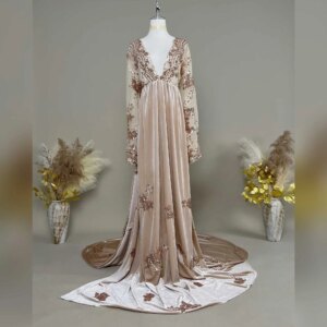 New 2025 Maternity Clothing PhotoShoot Baby Shower Women’s Gowns Velvet Long-sleeved Dress with Golden Sequin Tulle Embroidery