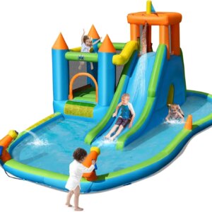 Inflatable Kids Slide Bounce House with Ball Pit Wet Dry Combo Outdoor Hide&Seek Cave for Racing Fun, Blow up Water Slides Infla