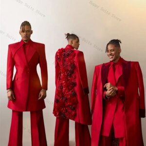 3 Pieces Luxury Red Men Suit Set Long Overcoat+Blazer+Pants Trousers Beaded Flower Groom Wedding Tuxedo Formal Customized Jacket