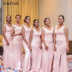 Light Pink Unique Tassel Sleeveless V-neck Mermaid Long Bridesmaid Dress Elegant Vestido De Festa De Casamento Custom Prom Dress